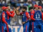 Delhi Capitals' Mukesh Kumar (C) celebrates with teammates after taking the wicket of Mumbai Indians' Will Jacks during the Indian Premier League (IPL) Twenty20 cricket match between Mumbai Indians and Delhi Capitals Delhi Capitals' Mukesh Kumar (C) celebrates with teammates after taking the wicket of Mumbai Indians' Will Jacks during the Indian Premier League (IPL) Twenty20 cricket match between Mumbai Indians and Delhi Capitals