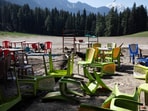 Chairs and tables scattered at the site of terrorist attack on tourists in Baisaran near Pahalgam in south Kashmir's Anantnag district.