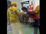 Vaibhav Suryavanshi touching MS Dhoni's feet Vaibhav Suryavanshi touching MS Dhoni's feet