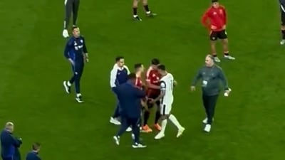 Harry Maguire was left fuming at Cristian Romero. (Twitter) Harry Maguire was left fuming at Cristian Romero. (Twitter)