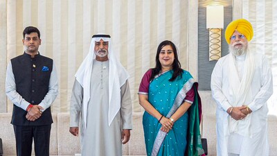 An all-party delegation led by Shiv Sena MP Shrikant Shinde in a group picture with UAE minister of minister of tolerance Sheikh Nahyan bin Mubarak Al Nahyan during a meeting for Operation Sindoor global outreach, in Abu Dhabi on Thursday. (India in UAE - X) An all-party delegation led by Shiv Sena MP Shrikant Shinde in a group picture with UAE minister of minister of tolerance Sheikh Nahyan bin Mubarak Al Nahyan during a meeting for Operation Sindoor global outreach, in Abu Dhabi on Thursday. (India in UAE - X)