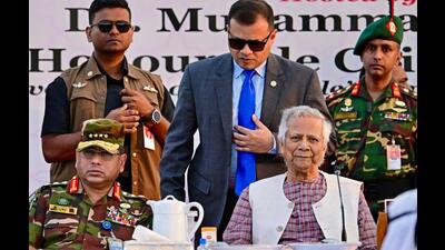 Chief adviser of Bangladesh’s interim government, Muhammad Yunus (right) sits along with army chief Waker-Uz-Zaman at a refugee camp in Ukhia, Cox' Bazar on March 14. (AFP) Chief adviser of Bangladesh’s interim government, Muhammad Yunus (right) sits along with army chief Waker-Uz-Zaman at a refugee camp in Ukhia, Cox' Bazar on March 14. (AFP)