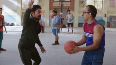 Aamir Khan is seen as coach Gulshan rigorously training a specially abled team for Basketball championship.