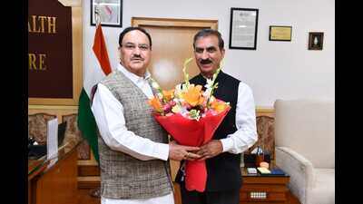 HP chief minister Sukhvinder Singh Sukhu meets Union minister JP Nadda (left) in New Delhi on Thursday.