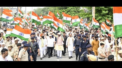 Haryana chief minister Nayab Singh Saini during Tiranga rally in Kurukshetra’s Ladwa on Thursday. (Source: X)