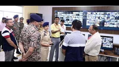 Officials during an inspection of the Integrated Command and Control Centre at Shri Mata Vaishno Devi shrine on Thursday. (HT photo) Officials during an inspection of the Integrated Command and Control Centre at Shri Mata Vaishno Devi shrine on Thursday. (HT photo)