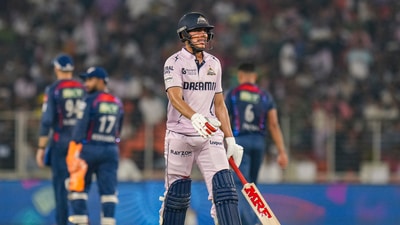 Gujarat Titans' star top three not quite at the races today, all falling inside 10 overs. Marks the first time this season that at least one didn't make it through to the 15th over. (PTI) Gujarat Titans' star top three not quite at the races today, all falling inside 10 overs. Marks the first time this season that at least one didn't make it through to the 15th over. (PTI)