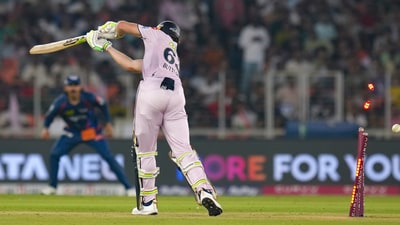 Not Jos Buttler's day, as he was castled through the gate by Akash Singh with a nice in-swinger. A celebration in honour of suspended teammate Digvesh Rathi from the LSG player. (PTI) Not Jos Buttler's day, as he was castled through the gate by Akash Singh with a nice in-swinger. A celebration in honour of suspended teammate Digvesh Rathi from the LSG player. (PTI)
