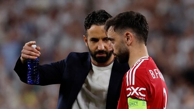 Manchester United manager Ruben Amorim with Manchester United's Bruno Fernandes after the match. (REUTERS)