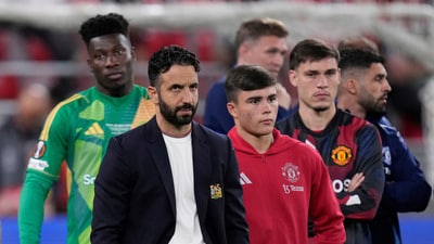 Manchester United's head coach Ruben Amorim reacts at the end of the Europa League final. (AP) Manchester United's head coach Ruben Amorim reacts at the end of the Europa League final. (AP)