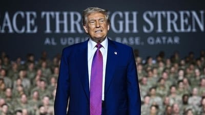 US President Donald Trump greets troops at the Al-Udeid air base southwest of Doha. (AFP) US President Donald Trump greets troops at the Al-Udeid air base southwest of Doha. (AFP)