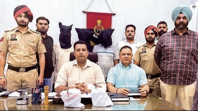 The three accused, nabbed in two separate cases, in police custody in Ludhiana on Wednesday. (HT Photo) The three accused, nabbed in two separate cases, in police custody in Ludhiana on Wednesday. (HT Photo)
