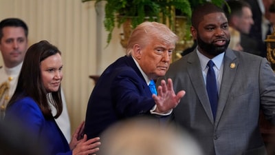 President Donald Trump departs with Sen. Ashley Moody, R-Fla., and Rep. Byron Donalds, R-Fla., after hosting the 2025 NCAA Champion, University of Florida men's basketball team in the East Room of the White House, Wednesday, May 21, 2025, in Washington. (AP Photo/Julia Demaree Nikhinson) (AP)