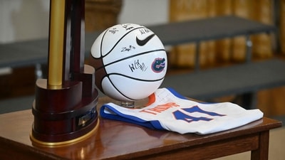 A signed basketball is seen before the start of an event with US President Donald Trump welcoming the 2025 NCAA Basketball champions Florida Gators to the White House in Washington, DC, on May 21, 2025. (Photo by Jim WATSON / AFP) (AFP)