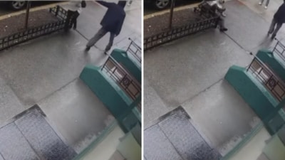 The video showed her walking down an Upper East Side sidewalk when a man going in the opposite direction suddenly hits her. (Instagram/kindrahall) The video showed her walking down an Upper East Side sidewalk when a man going in the opposite direction suddenly hits her. (Instagram/kindrahall)
