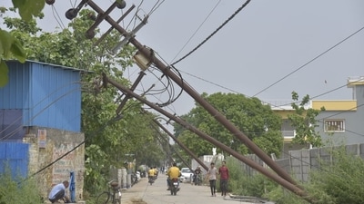 Dust storm, followed by thunderstorms, hail, and heavy rain, caused damages to electric poles and led to power disruptions across Delhi. Areas like Bawana, Narela, Civil Lines, Model Town, Wazirabad, and Burari reported power outages. (Sakib Ali/Hindustan Times) Dust storm, followed by thunderstorms, hail, and heavy rain, caused damages to electric poles and led to power disruptions across Delhi. Areas like Bawana, Narela, Civil Lines, Model Town, Wazirabad, and Burari reported power outages. (Sakib Ali/Hindustan Times)