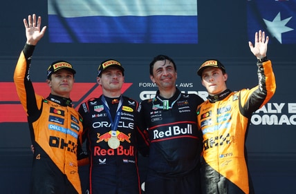 Lando Norris (L), Max Verstappen (2L) and Oscar Piastri (R). Lando Norris (L), Max Verstappen (2L) and Oscar Piastri (R).