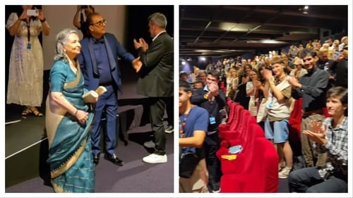 Sharmila Tagore was all smiles as the audience gave Aranyer Din Ratri a rapturous standing ovation after the gala premiere at Cannes Film Festival. Sharmila Tagore was all smiles as the audience gave Aranyer Din Ratri a rapturous standing ovation after the gala premiere at Cannes Film Festival.