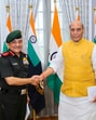 Defence minister Rajnath Singh with Chief of Defence Staff General Anil Chauhan during the latter’s book release programme in New Delhi on Thursday. (PTI)