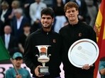 Spain's Carlos Alcaraz (l) and Italy's Jannik Sinner (r) pose for pictures at the end of their men's singles final match for the ATP Rome Open Spain's Carlos Alcaraz (l) and Italy's Jannik Sinner (r) pose for pictures at the end of their men's singles final match for the ATP Rome Open