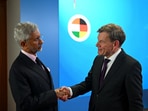 German foreign minister Johann Wadephul and EAM S Jaishankar shake hands following talks in Berlin, Germany, May 23.