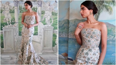 Khushi Kapoor dazzled at the French Riviera in a pastel gown by Anita Dongre, (Instagram) Khushi Kapoor dazzled at the French Riviera in a pastel gown by Anita Dongre, (Instagram)