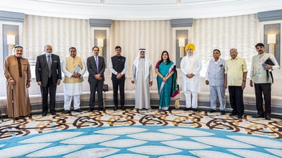 An All-party delegation led by Shiv Sena MP Shrikant Shinde in a group picture with UAE Minister of Minister of Tolerance Sheikh Nahyan bin Mubarak Al Nahyan. (India in UAE - X) An All-party delegation led by Shiv Sena MP Shrikant Shinde in a group picture with UAE Minister of Minister of Tolerance Sheikh Nahyan bin Mubarak Al Nahyan. (India in UAE - X)