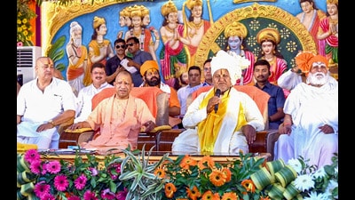 Chief minister Yogi Adityanath during the inauguration of 'Shri Hanuman Katha Mandapam', in Ayodhya on Friday (PTI) Chief minister Yogi Adityanath during the inauguration of 'Shri Hanuman Katha Mandapam', in Ayodhya on Friday (PTI)