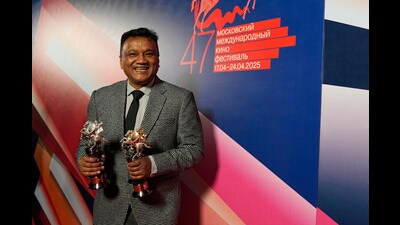 Director Pradip Kurbah with his awards for best film and best director for ‘The Elysian Field (Ha Lyngkha Bneng) at the 47th Moscow International Film Festival in Moscow, Russia, on April 24, 2025. (AP Photo/Pavel Bednyakov) Director Pradip Kurbah with his awards for best film and best director for ‘The Elysian Field (Ha Lyngkha Bneng) at the 47th Moscow International Film Festival in Moscow, Russia, on April 24, 2025. (AP Photo/Pavel Bednyakov)