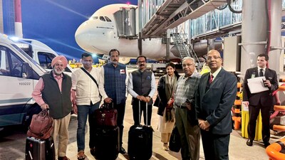 Indian Ambassador to the Russian Federation Vinay Kumar welcomes the all-party delegation led by Dravida Munnetra Kazhagam (DMK) MP Kanimozhi as they arrive at Moscow Domodedovo International Airport, in Moscow on Thursday. (X/IndEmbMoscow) Indian Ambassador to the Russian Federation Vinay Kumar welcomes the all-party delegation led by Dravida Munnetra Kazhagam (DMK) MP Kanimozhi as they arrive at Moscow Domodedovo International Airport, in Moscow on Thursday. (X/IndEmbMoscow)