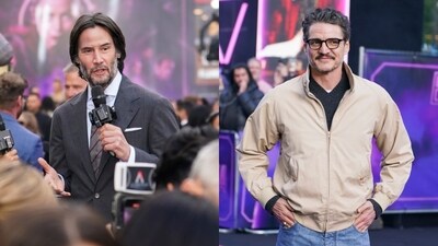 Keanu Reeves was giving interviews when Pedro Pascal casually strolled in for the premiere of Ballerina. (Alberto Pezzali/Invision/AP) Keanu Reeves was giving interviews when Pedro Pascal casually strolled in for the premiere of Ballerina. (Alberto Pezzali/Invision/AP)