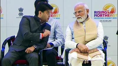 Prime Minister Narendra Modi (right) with DoNER minister Jyotiraditya Scindia at the Rising North East Summit at the Bharat Mandapam in New Delhi on Friday. (ANI Photo)