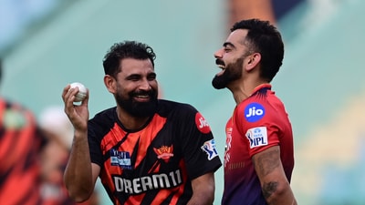 Virat Kohli of (RCB) Royal Challengers Bangalore and Mohammed Shami of (SRH) Sunrisers Hyderabad during the training session a day before their IPL match  between RCB vs SRH at Atal Bihari Bajpayee Ekana International Cricket Stadium in Lucknow, Uttar Pradesh, India on Thursday, May 22, 2025, (Deepak Gupta/Hindustan Times)