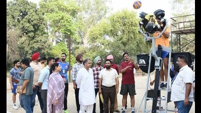 Rajya Sabha member Sanjeev Arora among others during the inauguration of total attack volleyball pitching machine at SCD Government College in Ludhiana. (HT Photo) Rajya Sabha member Sanjeev Arora among others during the inauguration of total attack volleyball pitching machine at SCD Government College in Ludhiana. (HT Photo)