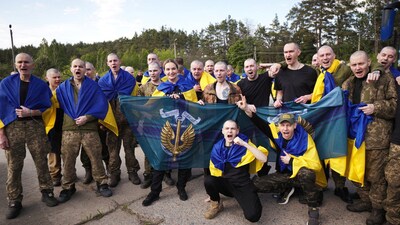 Ukrainian prisoners of war (POWs) are seen after a swap, amid Russia's attack on Ukraine, at an unknown location in Ukraine, in this handout picture released May 23, 2025. (via REUTERS)