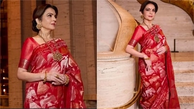 Nita Ambani stuns in red silk saree and opulent jewellery. (Instagram) Nita Ambani stuns in red silk saree and opulent jewellery. (Instagram)