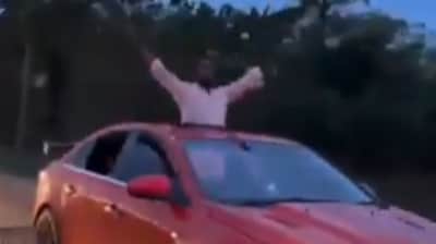 The accused, recently released on bail, were seen waving and flashing victory signs. (@MeghUpdates) The accused, recently released on bail, were seen waving and flashing victory signs. (@MeghUpdates)