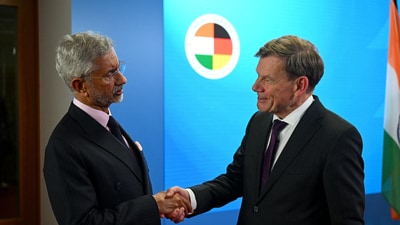 German foreign minister Johann Wadephul and EAM S Jaishankar shake hands following talks in Berlin, Germany, May 23. (REUTERS)