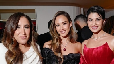 For the special evening, Jacqueline opted for a red velvet corset gown. (Instagram) For the special evening, Jacqueline opted for a red velvet corset gown. (Instagram)