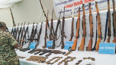 Arms and ammunitions of Naxals, recovered during an operation on Wednesday, being displayed, in Narayanpur, Chhattisgarh. (PTI/File) Arms and ammunitions of Naxals, recovered during an operation on Wednesday, being displayed, in Narayanpur, Chhattisgarh. (PTI/File)