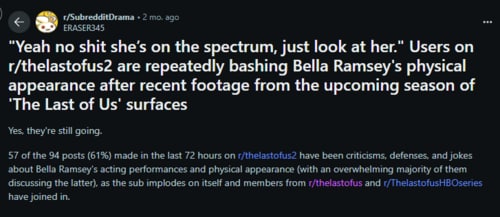 A Redditor pointing out how The Last of Us subreddits are making fun of Bella Ramsey.