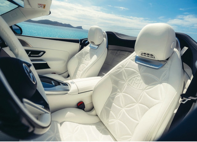 The bright, all-white interiors are finished in sustainably tanned Nappa leather. The bright, all-white interiors are finished in sustainably tanned Nappa leather.