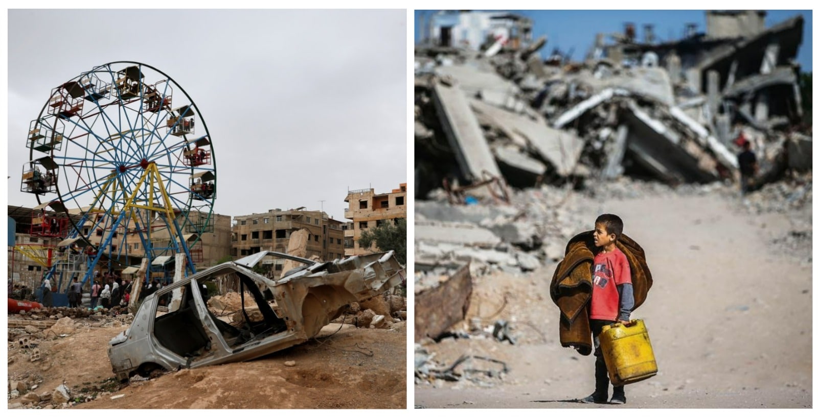(Above left) Syrians ride a Ferris wheel during Eid al-Fitr, amid the ongoing civil war, in April. (Above right) A child in Gaza carries what he can as he makes his way to a safer area, in May. (Images: Getty, AP, Reuters) (Above left) Syrians ride a Ferris wheel during Eid al-Fitr, amid the ongoing civil war, in April. (Above right) A child in Gaza carries what he can as he makes his way to a safer area, in May. (Images: Getty, AP, Reuters)