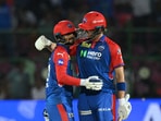 Delhi Capitals' Tristan Stubbs and Sameer Rizvi celebrate after the match