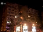 The attack caused widespread damage including drone debris falling on a shopping mall and a residential building in Obolon district, Kyiv.