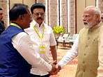 New Delhi, May 24 (ANI): Prime Minister Narendra Modi with Chhattisgarh Chief Minister Vishnu Deo Sai and Tamil Nadu Chief Minister MK Stalin during the 10th NITI Aayog Governing Council Meeting on 'Viksit Rajya for Viksit Bharat@2047', at Bharat Mandapam in New Delhi on Saturday. (ANI Photo)

