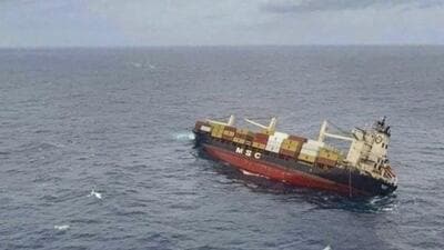 **EDS: THIRD PARTY IMAGE** In this image released by PIB on May 24, 2025, a Liberian container vessel MSC Elsa 3 carrying marine fuel after listing several degrees, 38 nautical miles off the Kerala coast on Saturday afternoon, causing its cargo to spill into the sea. (PIB via PTI Photo) (PTI05_24_2025_000279A) (PIB) **EDS: THIRD PARTY IMAGE** In this image released by PIB on May 24, 2025, a Liberian container vessel MSC Elsa 3 carrying marine fuel after listing several degrees, 38 nautical miles off the Kerala coast on Saturday afternoon, causing its cargo to spill into the sea. (PIB via PTI Photo) (PTI05_24_2025_000279A) (PIB)