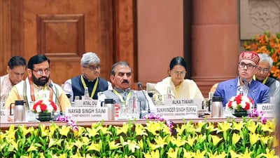 (From left) Haryana chief minister Nayab Singh Saini, Himachal Pradesh CM Sukhwinder Singh Sukhu and J&K CM Omar Abdullah attending the 10th NITI Aayog Governing Council Meeting on ‘Viksit Rajya for Viksit Bharat@2047’ in New Delhi on Saturday. (Video Grab) (From left) Haryana chief minister Nayab Singh Saini, Himachal Pradesh CM Sukhwinder Singh Sukhu and J&K CM Omar Abdullah attending the 10th NITI Aayog Governing Council Meeting on ‘Viksit Rajya for Viksit Bharat@2047’ in New Delhi on Saturday. (Video Grab)