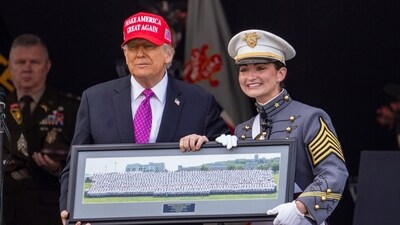 Class President Katherine LaReau, right, poses with President Donald Trump as she presents the class gift to Trump at the United States Military Academy commencement ceremonies in West Point, N.Y., Saturday, May 24, 2025. AP/PTI(AP05_24_2025_000265B) (AP) Class President Katherine LaReau, right, poses with President Donald Trump as she presents the class gift to Trump at the United States Military Academy commencement ceremonies in West Point, N.Y., Saturday, May 24, 2025. AP/PTI(AP05_24_2025_000265B) (AP)