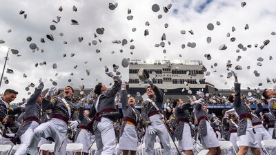 United States Military Academy graduating cadets throw their hats in the air at the end of commencement ceremonies in West Point, N.Y., Saturday, May 24, 2025. AP/PTI(AP05_24_2025_000335A) (AP) United States Military Academy graduating cadets throw their hats in the air at the end of commencement ceremonies in West Point, N.Y., Saturday, May 24, 2025. AP/PTI(AP05_24_2025_000335A) (AP)